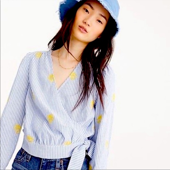 J. Crew Tops - J Crew Blue White Stripe Yellow Embroidered Pineapple Cotton Wrap Top XS